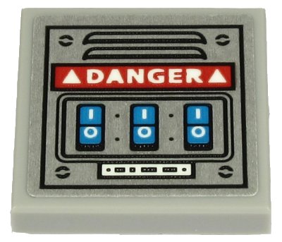 LEGO onderdeel Tegel, Aangepast 2 x 2 Omgekeerd met Witte 'DANGER' en 3 Blauwe Knoppen op Metalen Plaat met Ventilatie Patroon (Sticker) - Set 70432 (11203pb054)
