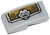 LEGO part Slope, Curved 2 x 1 x 2/3 with Gold and Silver Armor Plate with Lion Head and Black Swirls Pattern Model Left Side (Sticker) - Set 70123 11477pb003L