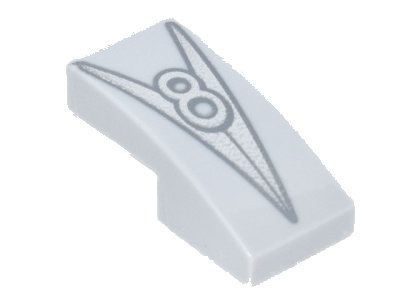 LEGO part Slope, Curved 2 x 1 x 2/3 with Metallic Silver Letter V and Number 8 Hood Ornament Pattern (11477pb127)