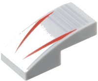 LEGO part Slope, Curved 2 x 1 x 2/3 with 2 Red Stripes on Silver Background with Notches Pattern 11477pb221