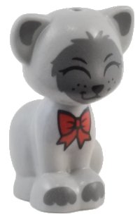 LEGO part Cat, Friends / Elves, Sitting with Red Bow, Black Nose and Closed Eyes, Dark Bluish Gray Ears, and Patches Pattern (Gertrude) 11602pb14