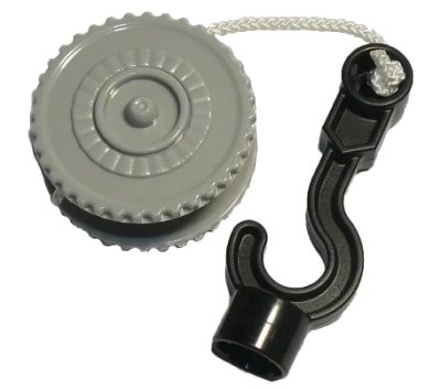 LEGO onderdeel Duplo Winch Drum Narrow Ridged with White String and Black Thick Hook Fixed with Stud Holder (13366c01)