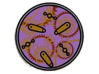 LEGO part Tile, Round 2 x 2 with Bottom Stud Holder with Time Gears Pattern 14769pb081