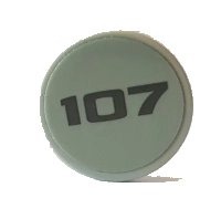 LEGO part Tile, Round 2 x 2 with Bottom Stud Holder with Dark Bluish Gray '107' on Light Bluish Gray Background Pattern (Sticker) - Set 10269 14769pb301