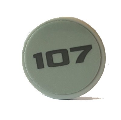 LEGO onderdeel Tile, Round 2 x 2 with Bottom Stud Holder with Dark Bluish Gray '107' on Light Bluish Gray Background Pattern (Sticker) - Set 10269 (14769pb301)