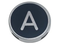 LEGO part Tile, Round 2 x 2 with Bottom Stud Holder with Silver Capital Letter A on Black Background Pattern 14769pb422