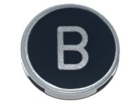 LEGO part Tile, Round 2 x 2 with Bottom Stud Holder with Silver Capital Letter B on Black Background Pattern 14769pb423