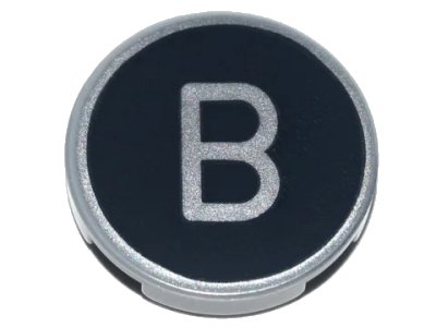 LEGO onderdeel Tile, Round 2 x 2 with Bottom Stud Holder with Silver Capital Letter B on Black Background Pattern (14769pb423)
