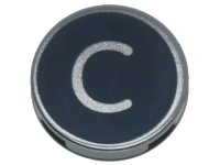 LEGO part Tile, Round 2 x 2 with Bottom Stud Holder with Silver Capital Letter C on Black Background Pattern 14769pb424