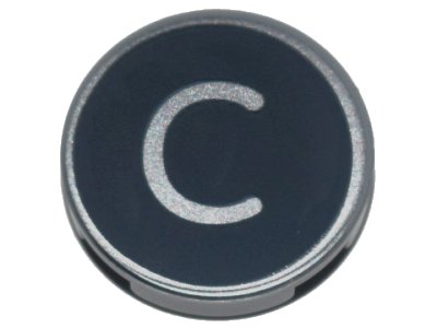 LEGO onderdeel Tile, Round 2 x 2 with Bottom Stud Holder with Silver Capital Letter C on Black Background Pattern (14769pb424)