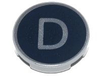 LEGO part Tile, Round 2 x 2 with Bottom Stud Holder with Silver Capital Letter D on Black Background Pattern 14769pb425