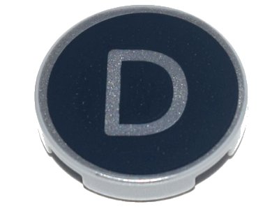 LEGO onderdeel Tile, Round 2 x 2 with Bottom Stud Holder with Silver Capital Letter D on Black Background Pattern (14769pb425)