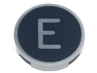 LEGO part Tile, Round 2 x 2 with Bottom Stud Holder with Silver Capital Letter E on Black Background Pattern 14769pb426