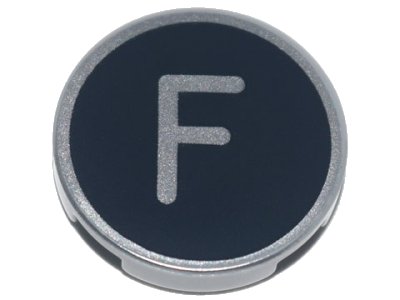 LEGO onderdeel Tegel, Rond 2 x 2 met Onderkant Noppen Houder met Zilver Hoofdletter F op Zwarte Achtergrond Patroon (14769pb427)