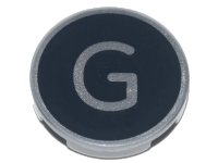 LEGO part Tile, Round 2 x 2 with Bottom Stud Holder with Silver Capital Letter G on Black Background Pattern 14769pb428