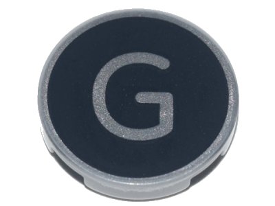 LEGO onderdeel Tile, Round 2 x 2 with Bottom Stud Holder with Silver Capital Letter G on Black Background Pattern (14769pb428)