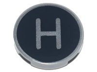 LEGO onderdeel Tile, Round 2 x 2 with Bottom Stud Holder with Silver Capital Letter H on Black Background Pattern 14769pb429
