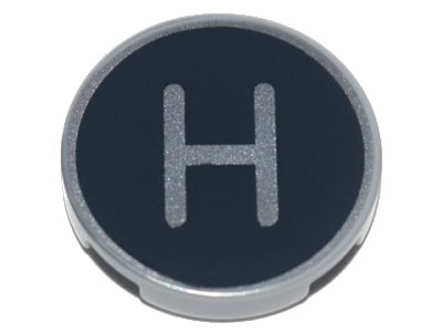 LEGO onderdeel Tile, Round 2 x 2 with Bottom Stud Holder with Silver Capital Letter H on Black Background Pattern (14769pb429)