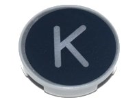 LEGO part Tile, Round 2 x 2 with Bottom Stud Holder with Silver Capital Letter K on Black Background Pattern 14769pb432