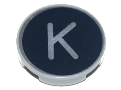 LEGO onderdeel Tile, Round 2 x 2 with Bottom Stud Holder with Silver Capital Letter K on Black Background Pattern (14769pb432)