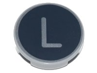 LEGO part Tile, Round 2 x 2 with Bottom Stud Holder with Silver Capital Letter L on Black Background Pattern 14769pb433