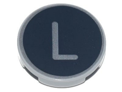 LEGO onderdeel Tile, Round 2 x 2 with Bottom Stud Holder with Silver Capital Letter L on Black Background Pattern (14769pb433)