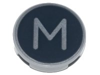 LEGO part Tile, Round 2 x 2 with Bottom Stud Holder with Silver Capital Letter M on Black Background Pattern 14769pb434
