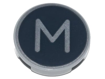 LEGO onderdeel Tile, Round 2 x 2 with Bottom Stud Holder with Silver Capital Letter M on Black Background Pattern (14769pb434)