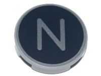LEGO part Tile, Round 2 x 2 with Bottom Stud Holder with Silver Capital Letter N on Black Background Pattern 14769pb435