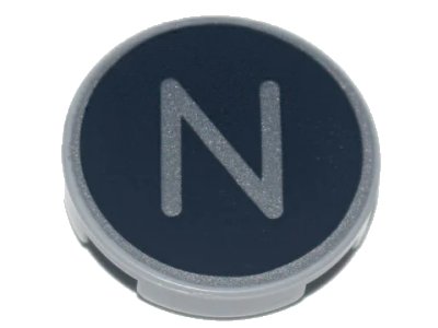 LEGO onderdeel Tile, Round 2 x 2 with Bottom Stud Holder with Silver Capital Letter N on Black Background Pattern (14769pb435)