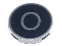 LEGO part Tile, Round 2 x 2 with Bottom Stud Holder with Silver Capital Letter O on Black Background Pattern 14769pb436