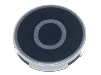 LEGO onderdeel Tile, Round 2 x 2 with Bottom Stud Holder with Silver Capital Letter O on Black Background Pattern (14769pb436)