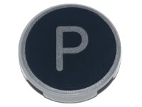 LEGO part Tile, Round 2 x 2 with Bottom Stud Holder with Silver Capital Letter P on Black Background Pattern 14769pb437