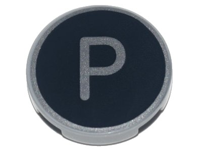 LEGO onderdeel Tile, Round 2 x 2 with Bottom Stud Holder with Silver Capital Letter P on Black Background Pattern (14769pb437)
