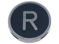 LEGO part Tile, Round 2 x 2 with Bottom Stud Holder with Silver Capital Letter R on Black Background Pattern 14769pb439