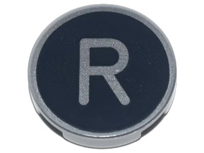 LEGO onderdeel Tile, Round 2 x 2 with Bottom Stud Holder with Silver Capital Letter R on Black Background Pattern (14769pb439)