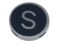 LEGO part Tile, Round 2 x 2 with Bottom Stud Holder with Silver Capital Letter S on Black Background Pattern 14769pb440