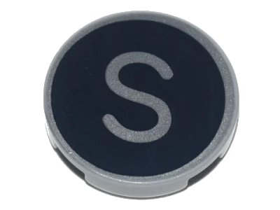 LEGO onderdeel Tile, Round 2 x 2 with Bottom Stud Holder with Silver Capital Letter S on Black Background Pattern (14769pb440)