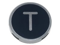 LEGO part Tile, Round 2 x 2 with Bottom Stud Holder with Silver Capital Letter T on Black Background Pattern 14769pb441