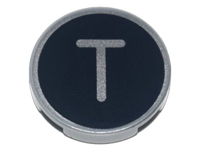 LEGO onderdeel Tile, Round 2 x 2 with Bottom Stud Holder with Silver Capital Letter T on Black Background Pattern (14769pb441)