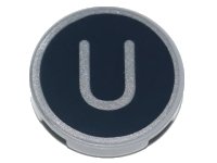 LEGO part Tile, Round 2 x 2 with Bottom Stud Holder with Silver Capital Letter U on Black Background Pattern 14769pb442