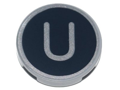 LEGO onderdeel Tile, Round 2 x 2 with Bottom Stud Holder with Silver Capital Letter U on Black Background Pattern (14769pb442)