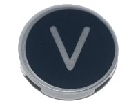 LEGO part Tile, Round 2 x 2 with Bottom Stud Holder with Silver Capital Letter V on Black Background Pattern 14769pb443