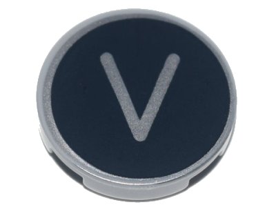 LEGO onderdeel Tile, Round 2 x 2 with Bottom Stud Holder with Silver Capital Letter V on Black Background Pattern (14769pb443)