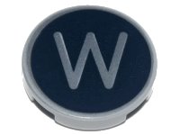 LEGO part Tile, Round 2 x 2 with Bottom Stud Holder with Silver Capital Letter W on Black Background Pattern 14769pb444
