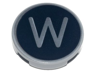 LEGO onderdeel Tile, Round 2 x 2 with Bottom Stud Holder with Silver Capital Letter W on Black Background Pattern (14769pb444)