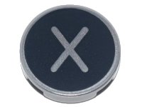 LEGO part Tile, Round 2 x 2 with Bottom Stud Holder with Silver Capital Letter X on Black Background Pattern 14769pb445