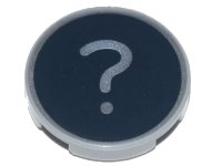 LEGO part Tile, Round 2 x 2 with Bottom Stud Holder with Metallic Silver '?' Question Mark Pattern 14769pb448