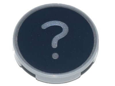 LEGO onderdeel Tile, Round 2 x 2 with Bottom Stud Holder with Metallic Silver '?' Question Mark Pattern (14769pb448)