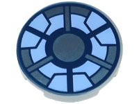 LEGO part Tile, Round 2 x 2 with Bottom Stud Holder with Dark Blue, Metallic Light Blue, and Bright Light Blue Arc Reactor Pattern 14769pb626